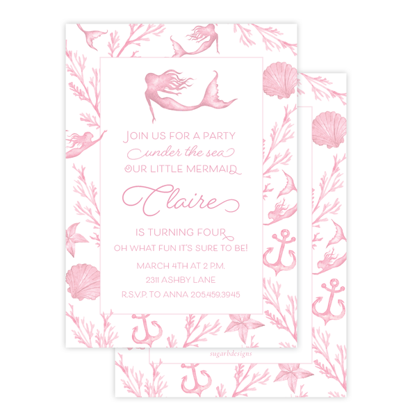 Under the Sea Mermaid Pink Birthday Invitation