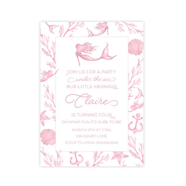 Under the Sea Mermaid Pink Birthday Invitation