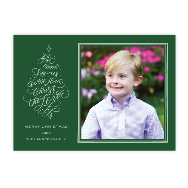 Calligraphy Tree Green Christmas Card, One Photo on Back