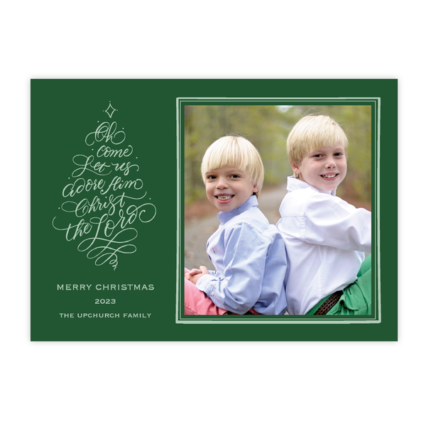 Calligraphy Tree Green Christmas Card, Two Photos on Back