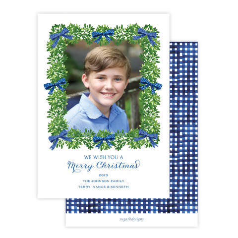 Denson Blue Border Gingham Portrait Christmas Card