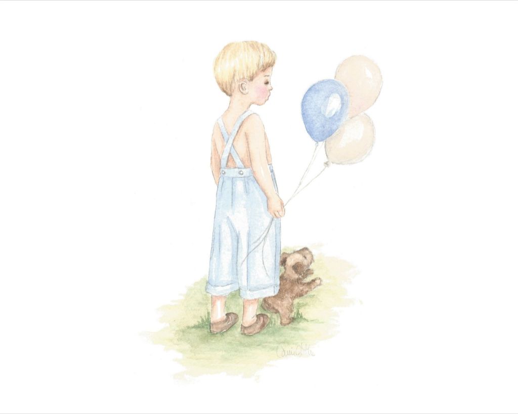 A Boy and His Puppy Blonde Landscape Watercolor Print