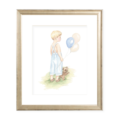 A Boy and His Puppy Blonde Portrait Watercolor Print