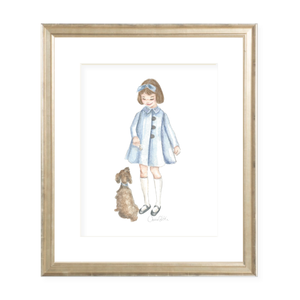A Girl and Her Puppy Brunette with Blue Coat Watercolor Print