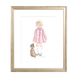 A Girl and Her Puppy Blonde with Pink Coat Watercolor Print