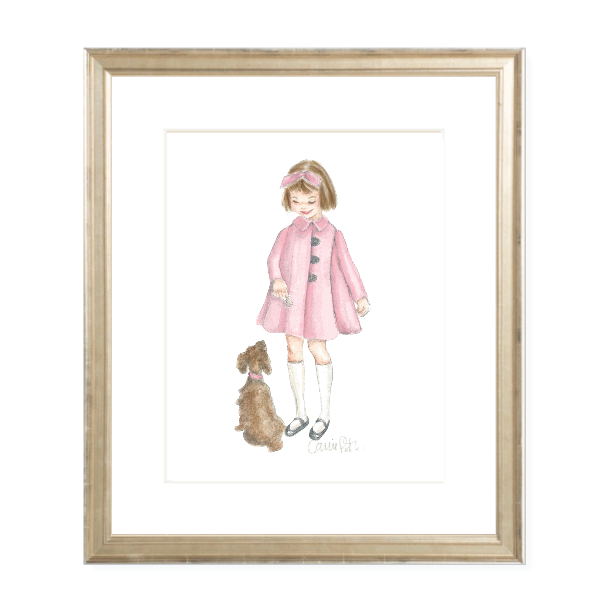 A Girl and Her Puppy Brunette with Pink Coat Watercolor Print