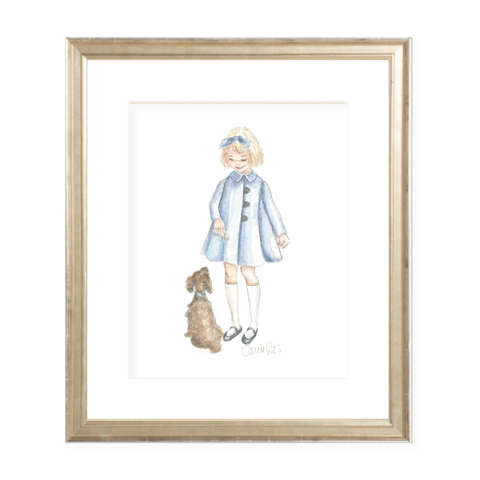 A Girl and Her Puppy Blonde with Blue Coat Watercolor Print
