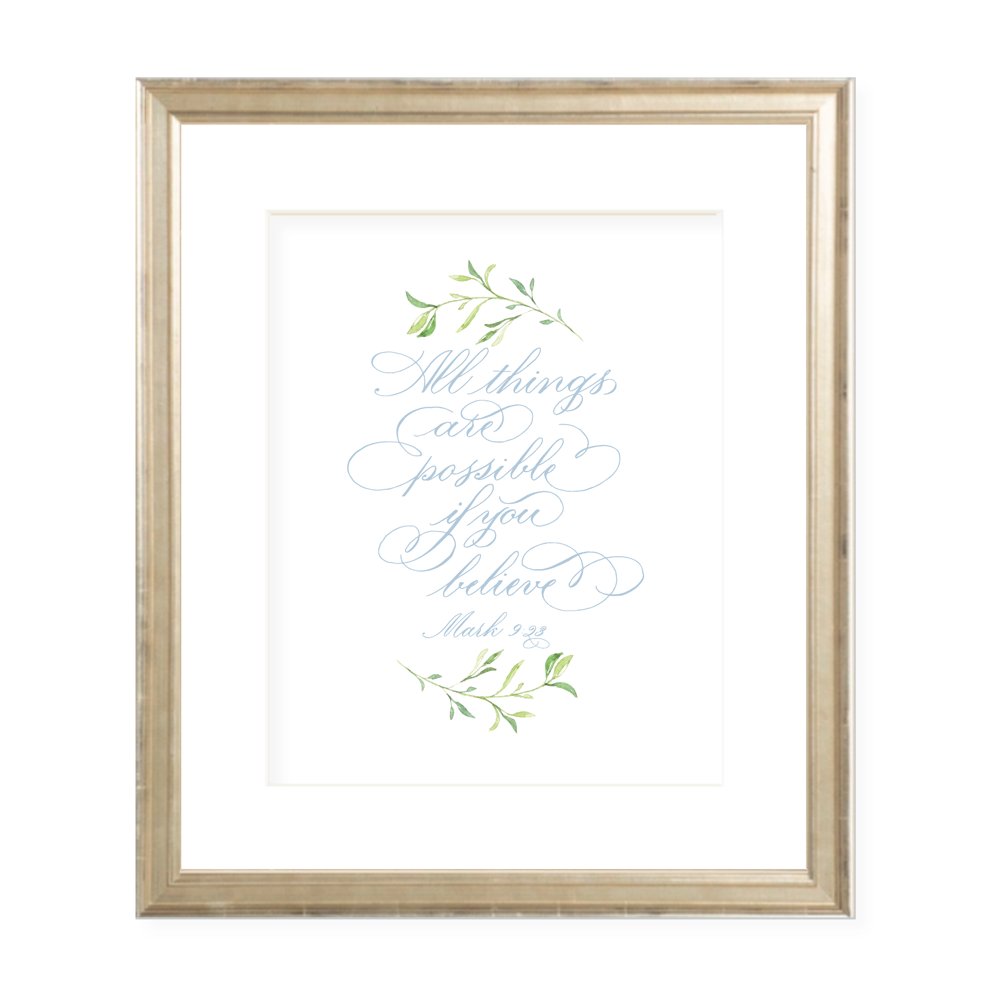 All Things are Possible Blue Calligraphy with Garland Portrait Watercolor Print