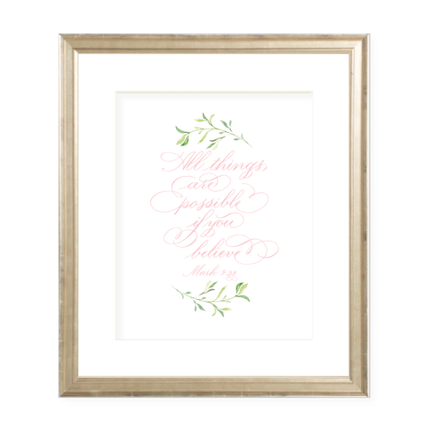 All Things are Possible Pink Calligraphy with Garland Portrait Watercolor Print