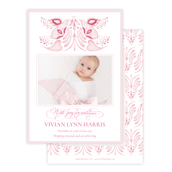 Alleluia Birth Announcement Christmas Card in Pink