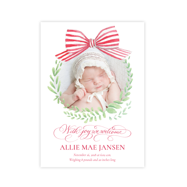 Angel Baby Red Wreath Two Sides Birth Announcement Christmas Card