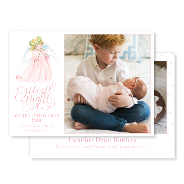 Praying Angel in Pink Birth Announcement Christmas Card