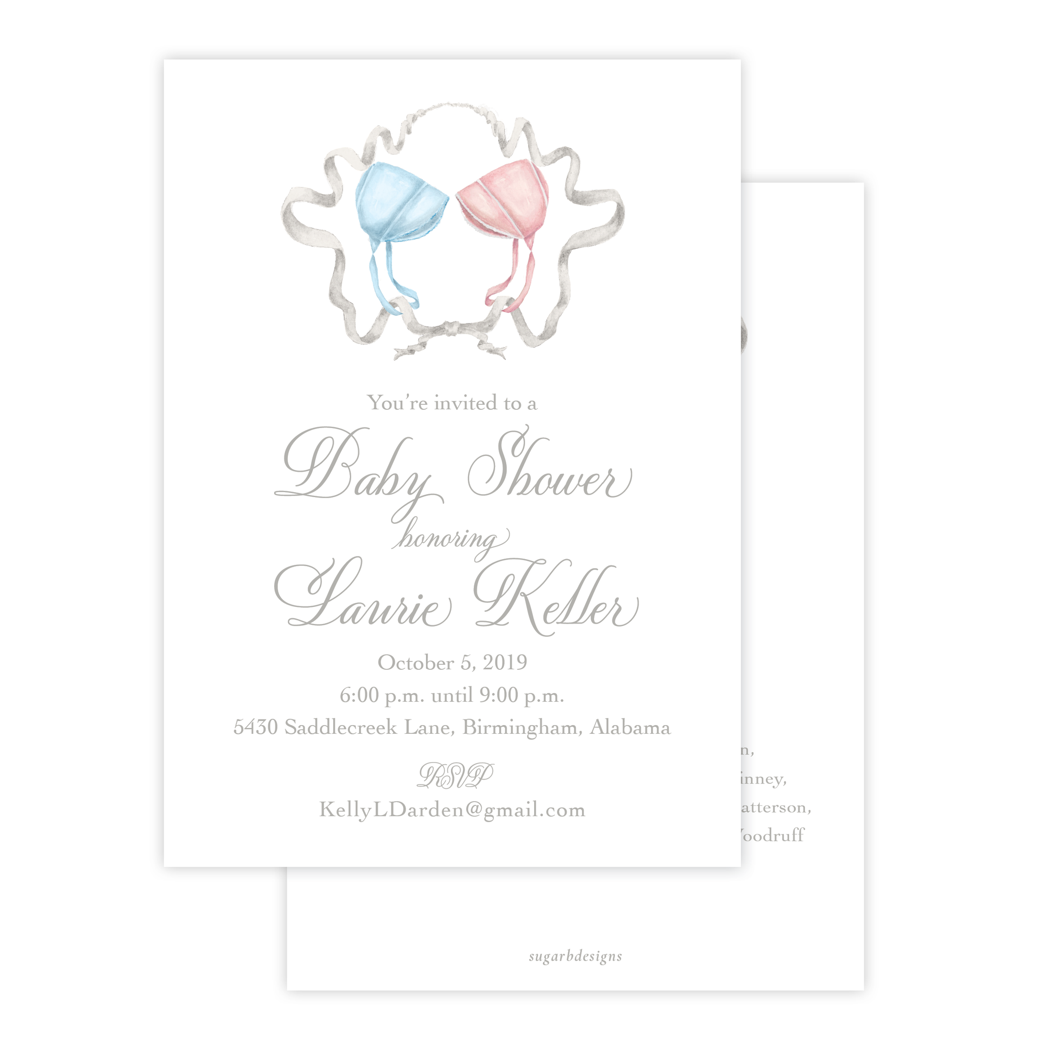 Bailey's Bonnet Pink and Blue Twins Sash Wreath Baby Shower Invitation
