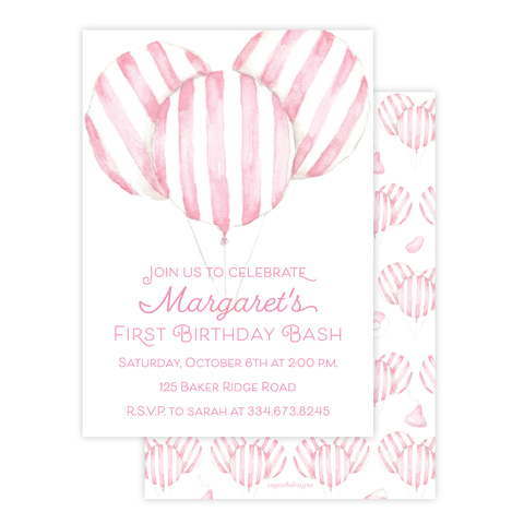 Balloon Pink Stripe Birthday Invitation