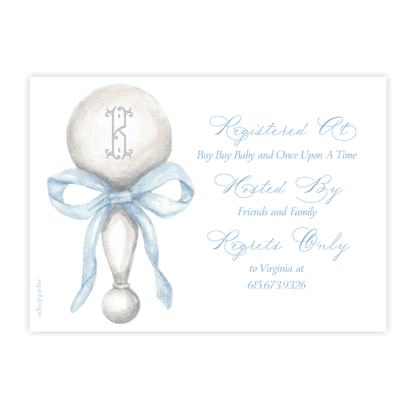 Baratta Rattle Blue Baby Shower Invitation by Sugar B Designs