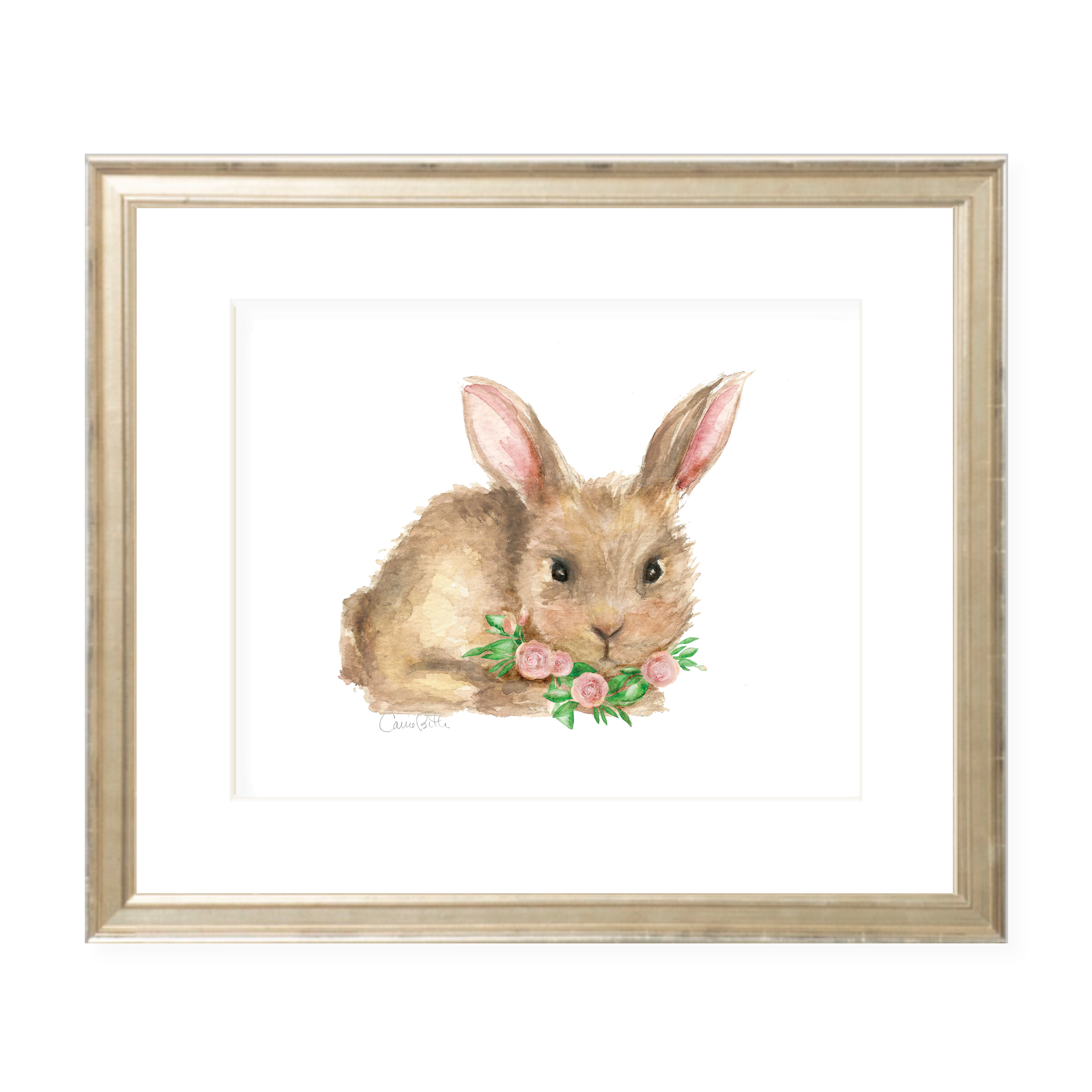 Bennett Bunny and Pink Flowers Watercolor Print