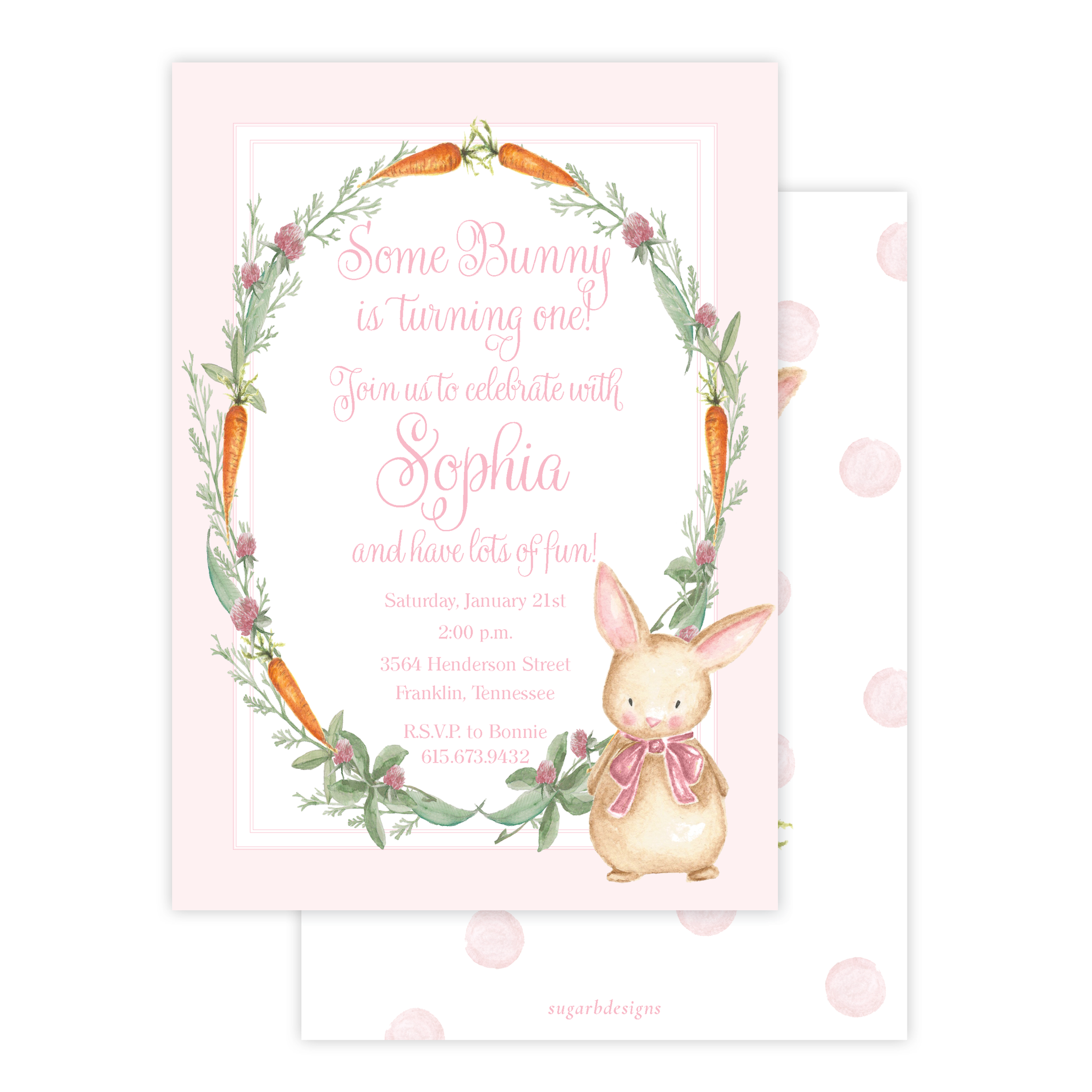 Boo Boo Bunny Pink Birthday Invitation by Sugar B Designs