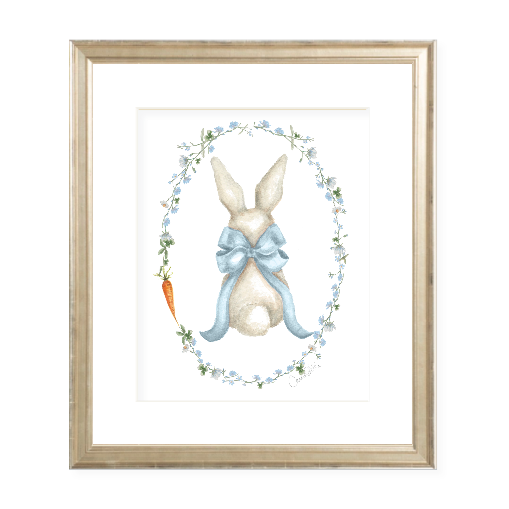 Bunny and Bow Blue Wreath Watercolor Print