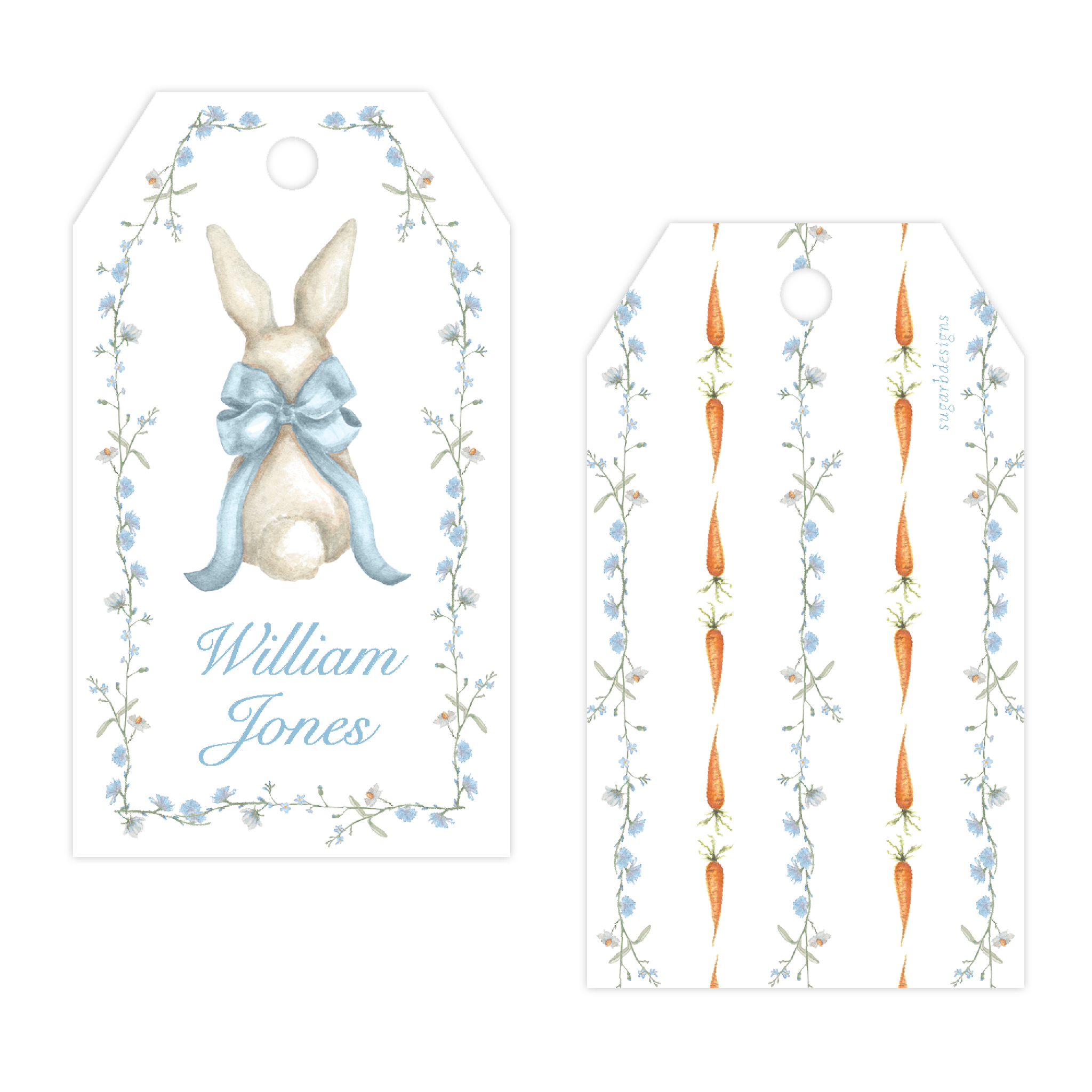 Bunny and Bow Blue Drilled Gift Tag