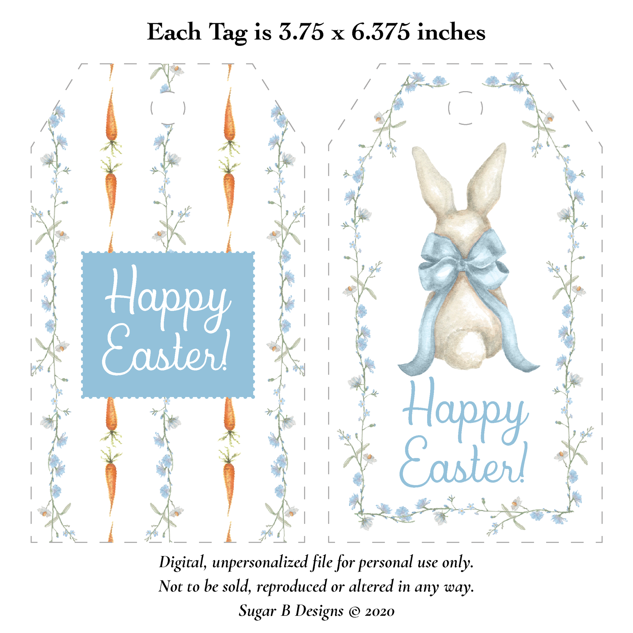 Bunny and Bow Blue Large Easter Basket Printable Tags, Digital File