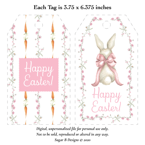 Bunny and Bow Pink Large Easter Basket Printable Tags, Digital File