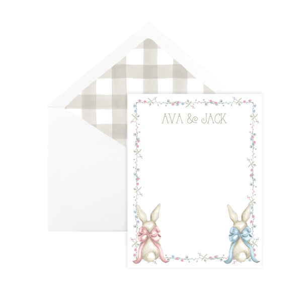 Bunny and Bow Twins Flat Stationery