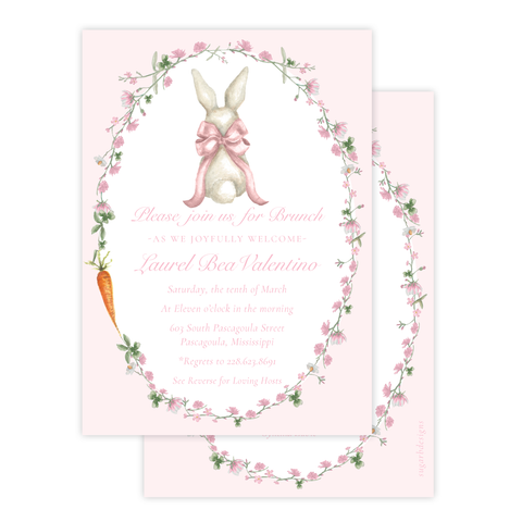 Bunny and Bow in Pink Wreath Baby Shower Invitation