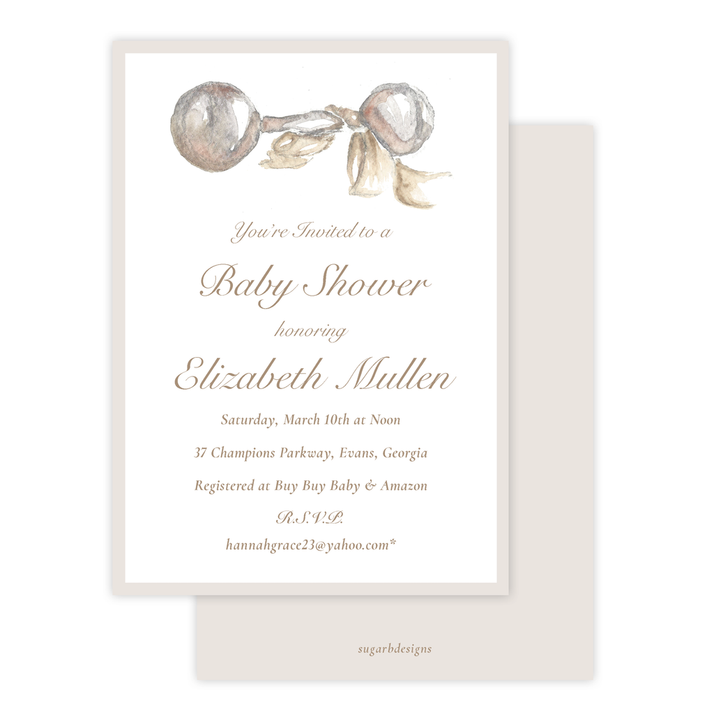 Carlson Rattle Neutral Baby Shower Invitation – Sugar B Designs