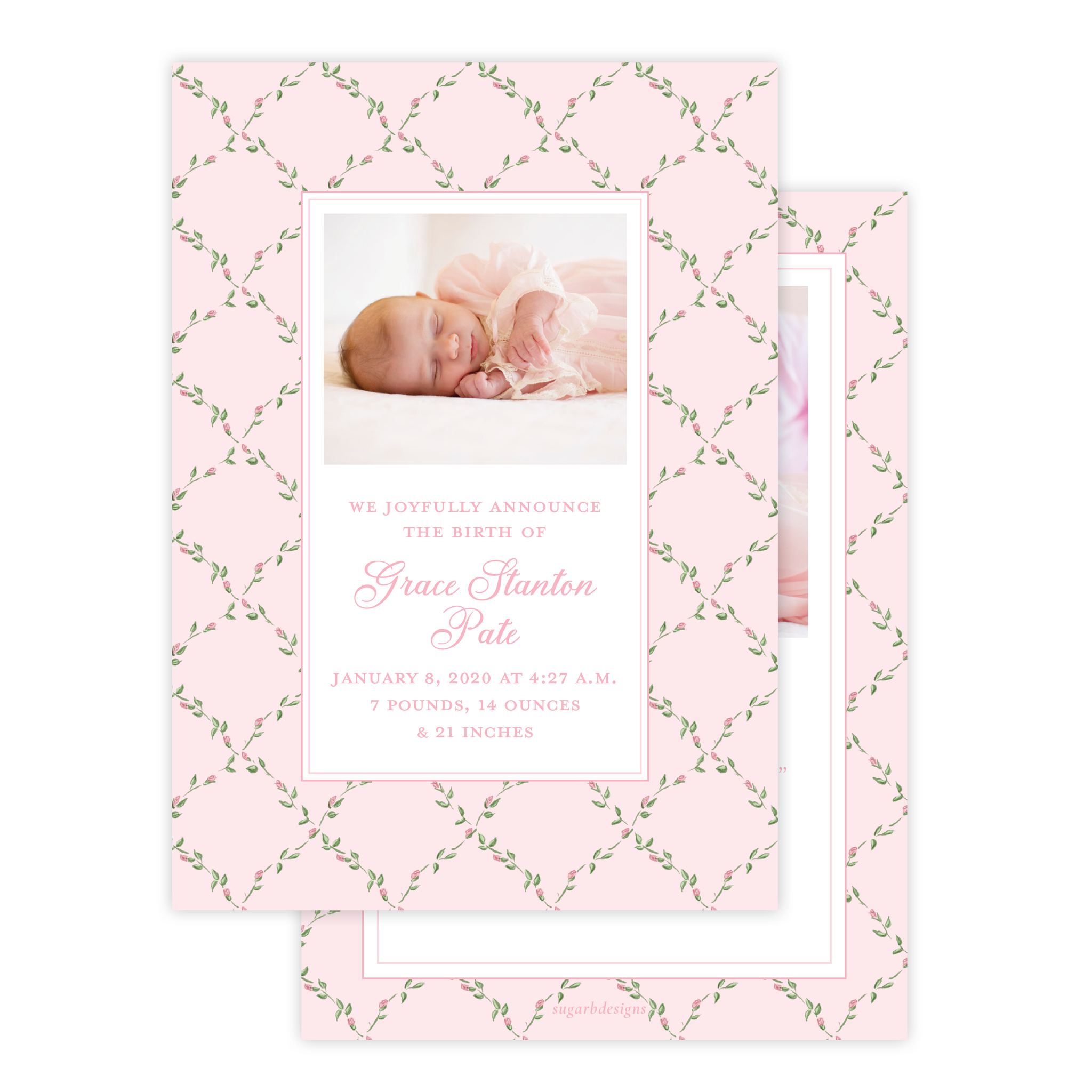 Cindy's Rose Garden Pink Birth Announcement by Sugar B Designs