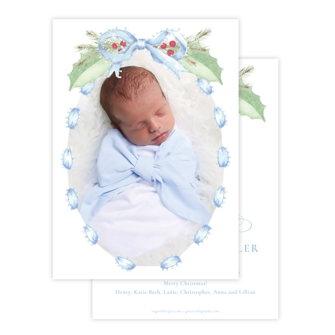 Collins Bow Blue Birth Announcement Christmas Card