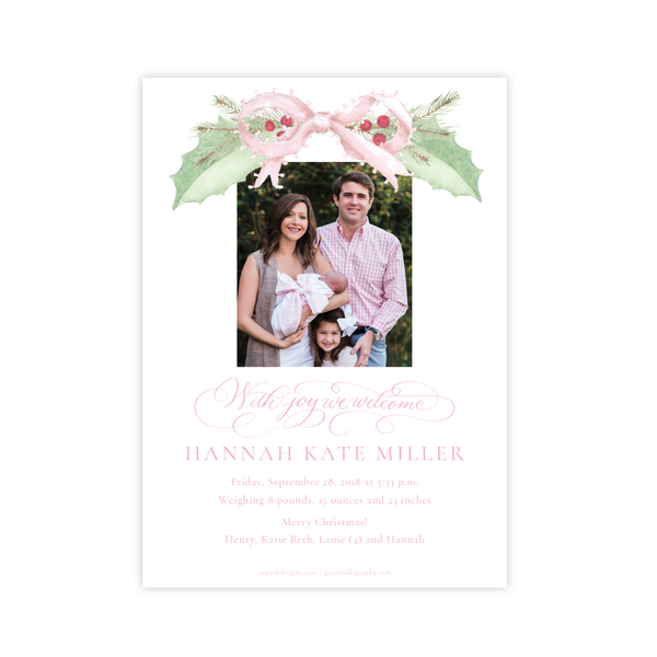 Collins Bow Pink Birth Announcement Christmas Card
