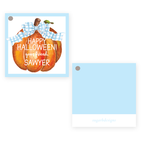 Cute Pumpkin Blue Bow Square Party Favor Gift Tag