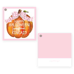 Cute Pumpkin Pink Bow Square Party Favor Gift Tag
