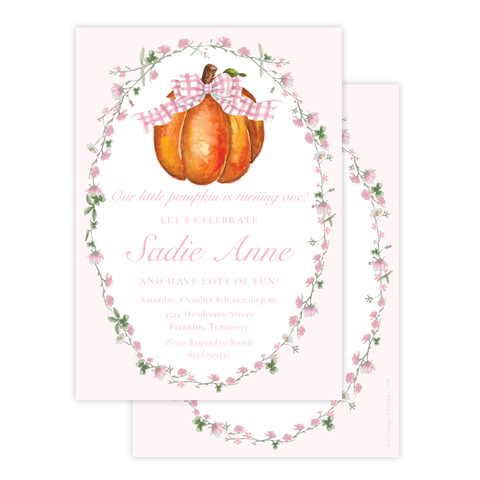 Cute Pumpkin Pink Bow Birthday Invitation