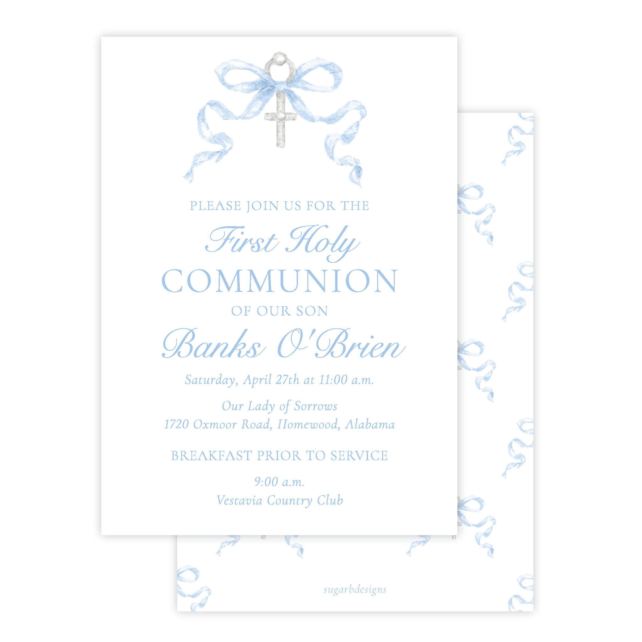 Draper Bow Blue Communion Invitation