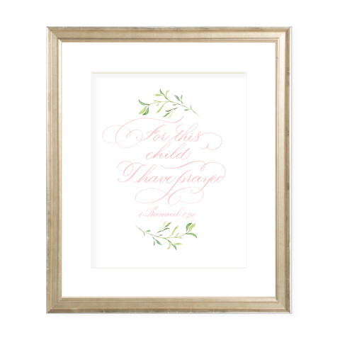 For This Child Pink Calligraphy with Garland Portrait Watercolor Print by Sugar B Designs