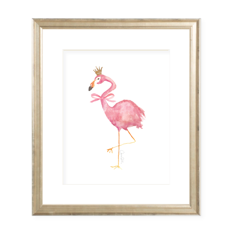 Flamingo and Crown with Pink Bow Portrait Watercolor Print