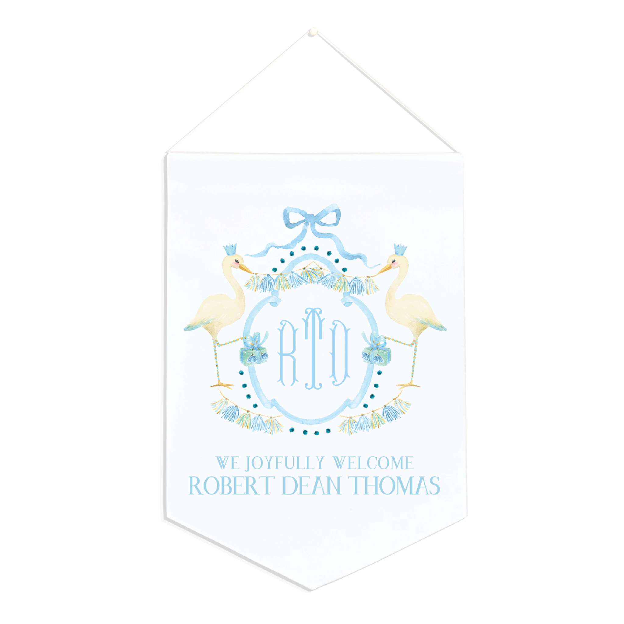 Glitterville Stork Blue Canvas 12x16.5 Personalized Baby Banner