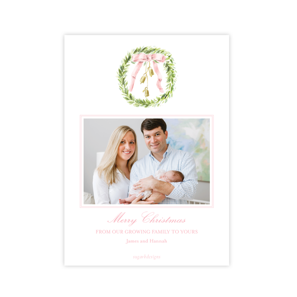 Harrington Wreath Pink Christmas Card Birth Announcement