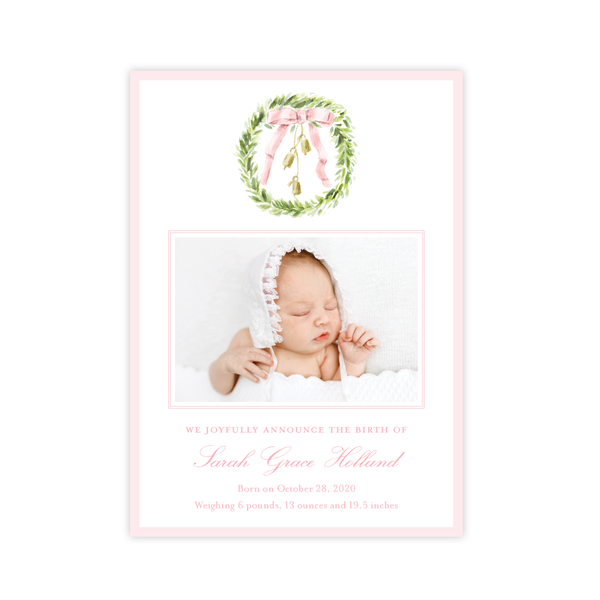 Harrington Wreath Pink Christmas Card Birth Announcement
