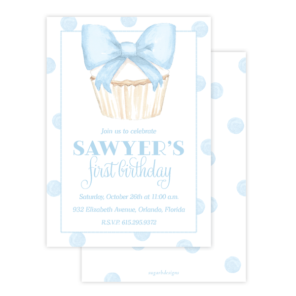 Icing Bow Cupcake Blue Birthday Invitation by Sugar B Designs