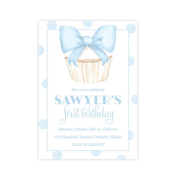 Icing Bow Cupcake Blue Birthday Invitation by Sugar B Designs