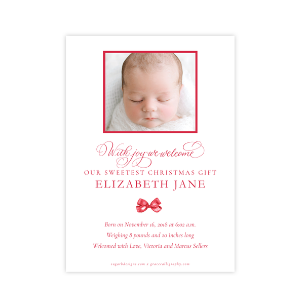 Leslee Bow Red Birth Announcement Christmas Card