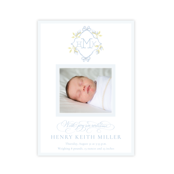 Lovely Lily James Blue Monogram Birth Announcement