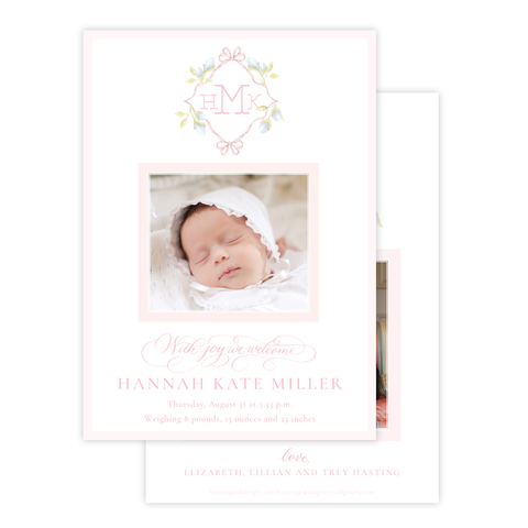 Lovely Lily James Pink Monogram Birth Announcement