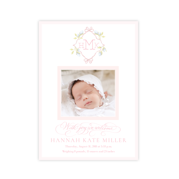 Lovely Lily James Pink Monogram Birth Announcement Christmas Card