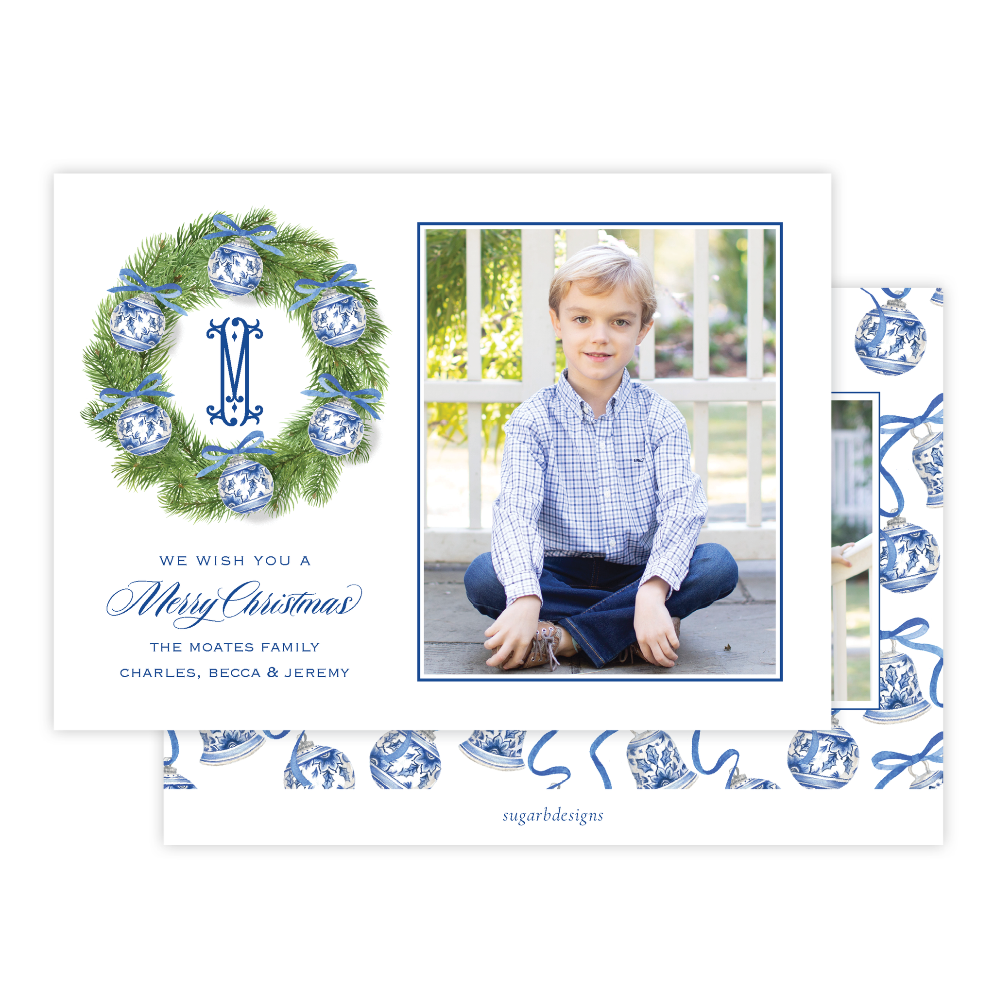 Mitchell Manor Wreath Blue Christmas Card Landscape