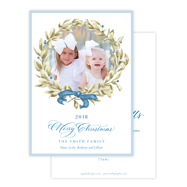 Meryl Wreath Blue Change of Address Christmas Card