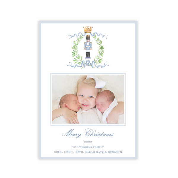Nutcracker Royal Wreath Blue TWINS Birth Announcement Christmas Card