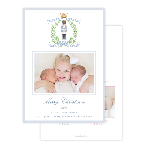 Nutcracker Royal Wreath Blue TWINS Birth Announcement Christmas Card
